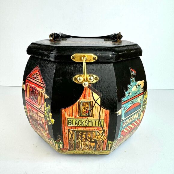 Handmade Handbags - Vintage 1970's Black Collaged Wooden Polygon Lucite Handle Hand Crafted Purse
